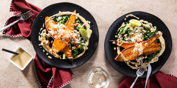 Roasted Sweet Potatoes with Spicy Cashew Sauce & Kraut