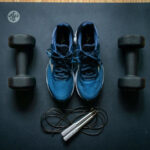 home gym weights shoes mat and jump rope