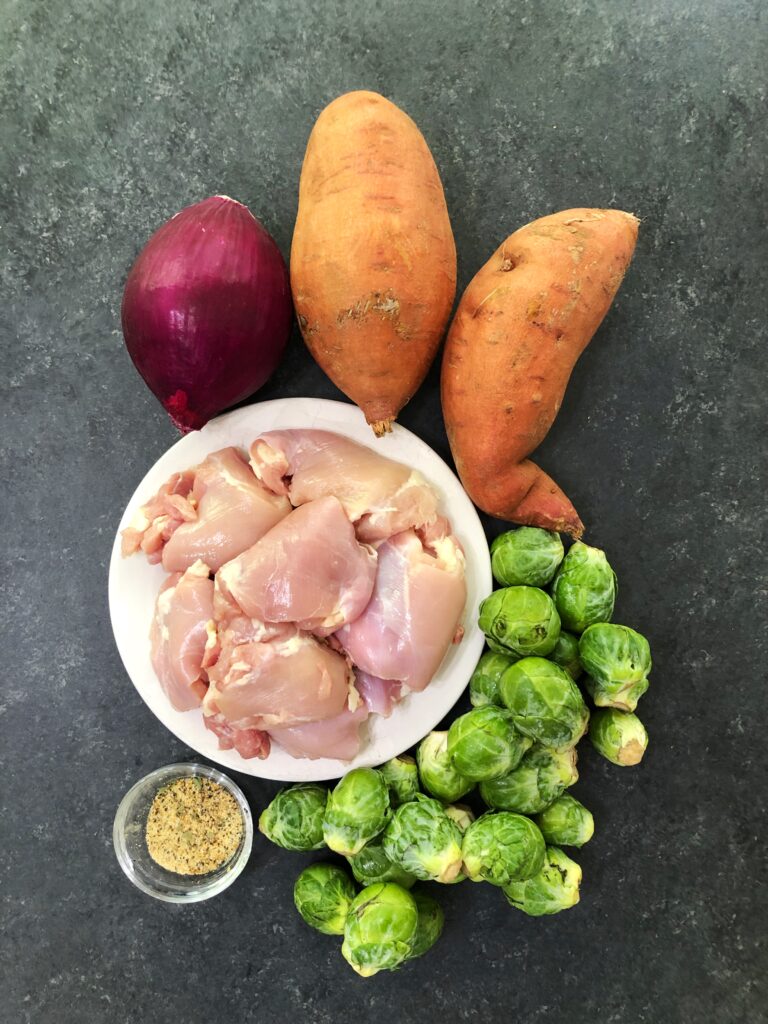 chicken potatoes brussels and onion meal prep
